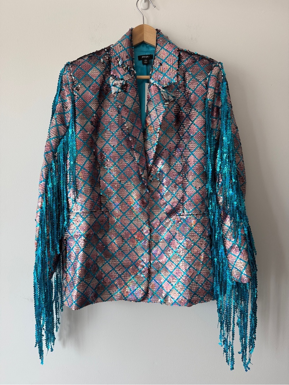 Nasty Gal Premium Sequin Fringe Blazer Rainbow Diamond Check Jacket Size 6